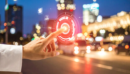 A hand touches a glowing digital interface with icons, set against a blurred cityscape at night.