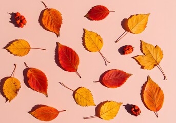 Colorful fall leaves arrangement overhead on pink surface