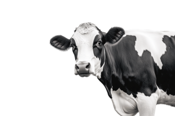A black and white holstein cow portrait isolated on transparent background