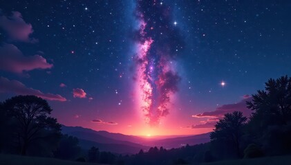 Fototapeta premium Fiery meteor shower explodes across starlit night sky, majestic trees silhouetted , milky way, bright, shooting star