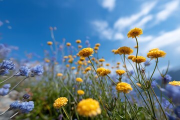 Fototapeta premium Vibrant yellow and purple wildflowers in bloom under a clear blue sky