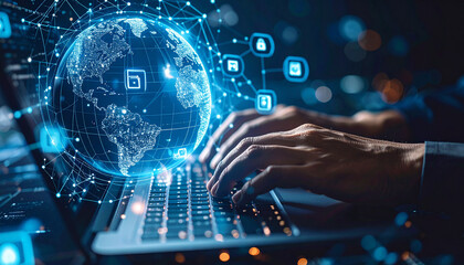 Hands type on a laptop keyboard with a digital globe and network icons overlayed, suggesting global connectivity and technology.