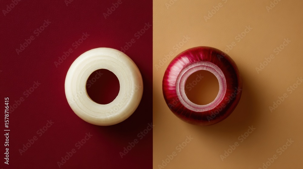 Poster floating contrast of onion and pepper rings on a minimalistic background, highlighting shapes and co