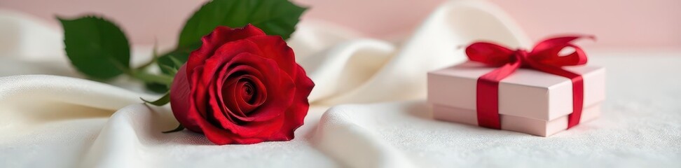Fototapeta premium Single elegant red rose atop luxurious white silk beside a gift box , present, still life, romance