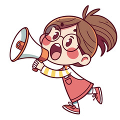  A cute vector of a young girl shouting through a red megaphone, expressing a strong voice and enthusiasm.
