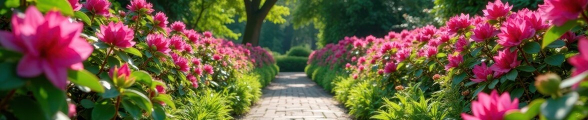 Fototapeta premium Vibrant azaleas & rhododendrons bloom along a garden path , pretty, purple, springtime