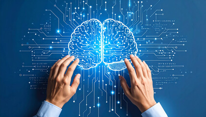 Hands interact with a digital brain illustration overlaid on a circuit board pattern against a blue background.