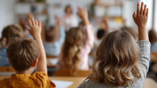 A classroom with students raising their hands
