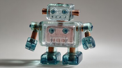 Toy robot made of transparent layered glass with visible joints and mechanical shapes on grey background.