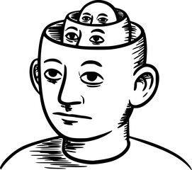 Naive cartoon head with recursively nested faces – black and white anti-design line art illustration in childlike surreal style, minimalist conceptual drawing, modern graphic humor
