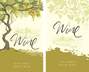 Label for white wine. Set of vector illustration, design with vine and landscape in the background. Freehand author's drawing.