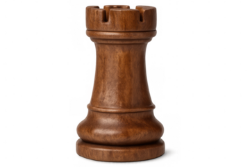 Polished wooden rook chess piece standing on a transparent background, representing strategy, tactics, and competition in the game