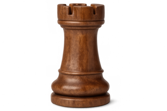 Polished wooden rook chess piece standing on a transparent background, representing strategy, tactics, and competition in the game