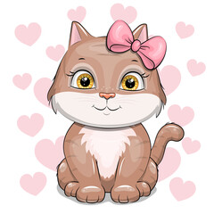 Cute Cartoon Kitten with pink hair bow. Vector Illustration with animal on white background with pink hearts.