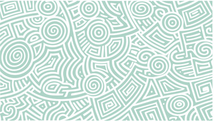 Abstract background with white geometric shapes and spirals on a light green surface design