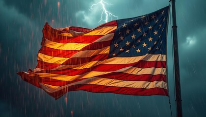 Rainsoaked American flag waves dramatically in a thunderstorm, perfect for patriotic designs, weather related graphics, and solemn national events.