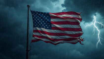 Tattered American flag bravely flutters in rainy storm, symbolizing resilience, patriotism, crisis, USA, struggle, protest scenes, political turmoil.