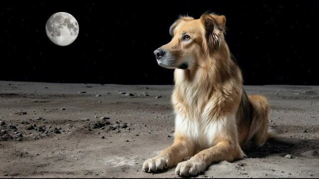 Golden retriever dog resting on rocky surface beneath full moon and starry night sky, peaceful calm atmosphere with detailed fur texture and serene expression on lunar terrain animal scene