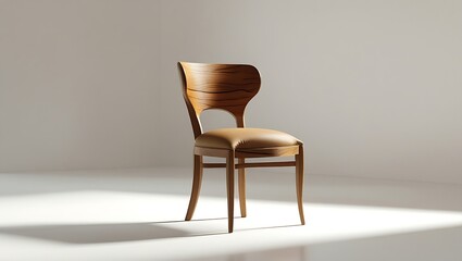 A wooden chair with a leather seat on a white background in a studio setting with soft lighting
