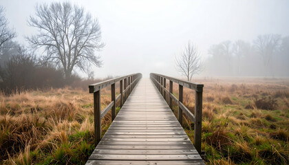 Fototapeta premium Long Wooden Bridge Leading Through Tranquil Foggy Meadow with Bare Trees a Peaceful Path Disappearing Into the Mist