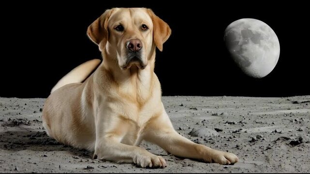 Golden retriever canine resting rocky lunar surface dark space sky with moon visible background, surreal calm animal pet scene moon terrain showcasing peaceful space exploration environment
