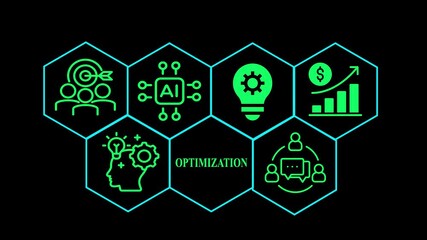 performance and productivity optimization animation on black background,ai and business process optimization video.optimization concept with futuristic green icons.