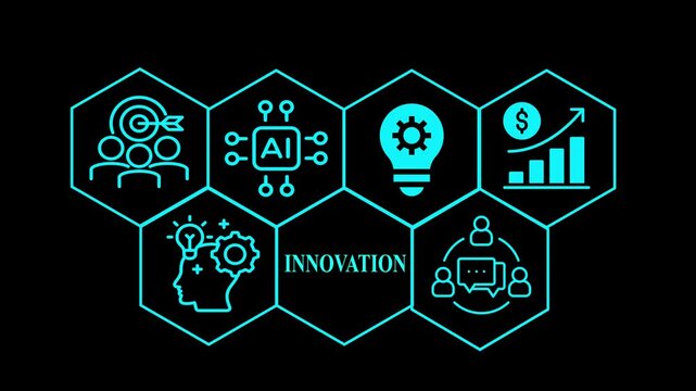 innovation and technology concept animation on black background,business innovation strategy infographic animation,strategic thinking and innovation process animation.