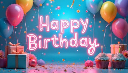 Pink neon happy birthday balloons, gifts, cupcakes perfect for birthday party invitations, greeting cards, social media posts, and event promotions.