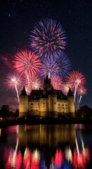 Fireworks display over a castle reflected in water