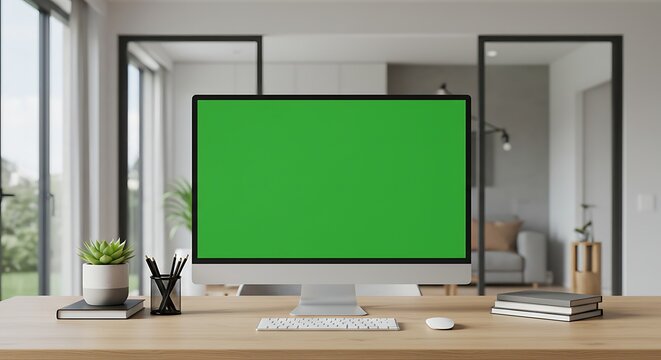 desk work in a quiet workspace. on the screen shows a green screen that can be used as a mock up 12