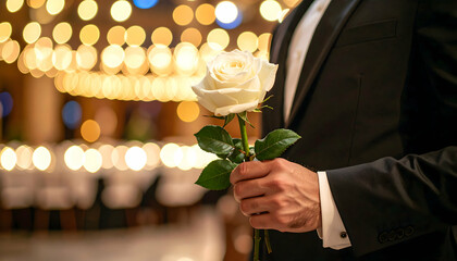 Man in Suit Holding Elegant White Rose at Romantic Event with Warm Bokeh Lights
