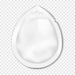 White blank tear notch drop-shaped sachet pouch with euro hole hanger. Realistic 3d vector mockup. Plastic bag. Mock-up. Food, medical, cosmetic product individual packet package. Template for design