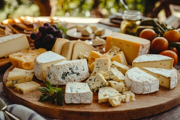 Assorted Cheeses on Wooden Board with Fruits and Snacks Outdoors