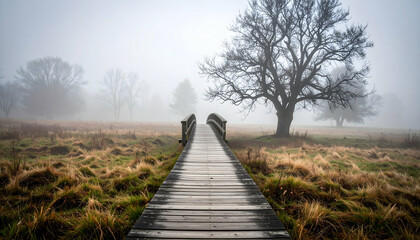 Misty Wooden Bridge Leading Through Foggy Landscape with Bare Trees