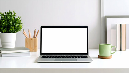 Fototapeta premium Modern Laptop on Clean White Desk with Potted Plant and Office Supplies Minimalist Home Office Workspace