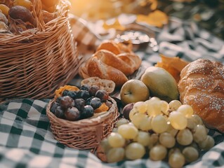 Fresh Bread, Grapes, Pears on Rustic Picnic Blanket in Nature