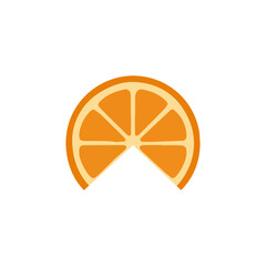 A stylized graphic illustration of an orange slice, showing segments and peel, against a plain white background.