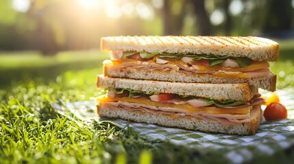 Freshly Made Sandwich with Cheese and Vegetables on a Picnic Blanket