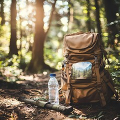 Hiking backpack with water bottle in a sunlit forest scene