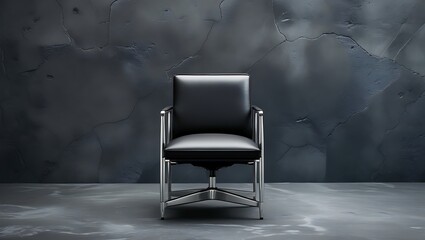 A black leather office chair with chrome frame against a dark gray textured wall and floor surface