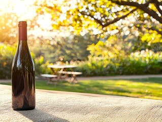 Elegant Wine Bottle on Table Surrounded by Natural Sunshine Glow