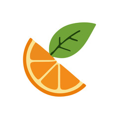 A vibrant orange slice with a single green leaf.