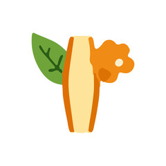 Stylized illustration of a fruit slice with a leaf and a flower, isolated on white.