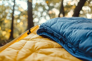 Cozy Camping Setup with Sleeping Bag and Tent in Nature Landscape
