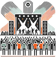 Obraz premium Concert illustration featuring a band performing on stage with an energetic audience design