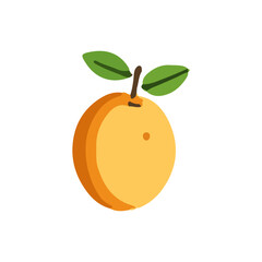 A ripe, orange apricot with two green leaves atop its stem.