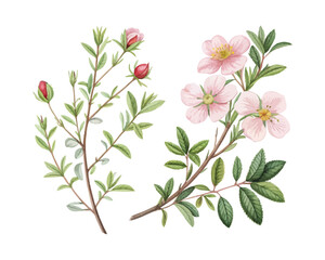 watercolor Rockrose Branch vector illustration isolated on white background