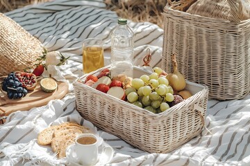 Bright Summer Picnic with Fresh Fruits and Refreshing Drinks Outdoors