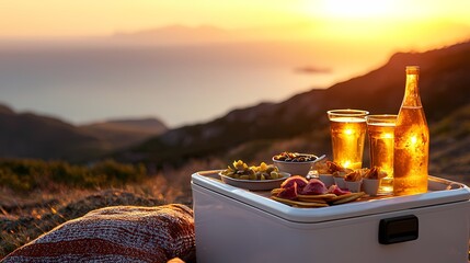 Scenic Sunset Picnic with Refreshing Drinks and Delicious Snacks