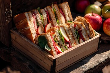 Freshly Made Sandwiches in Wooden Box Surrounded by Red Apples